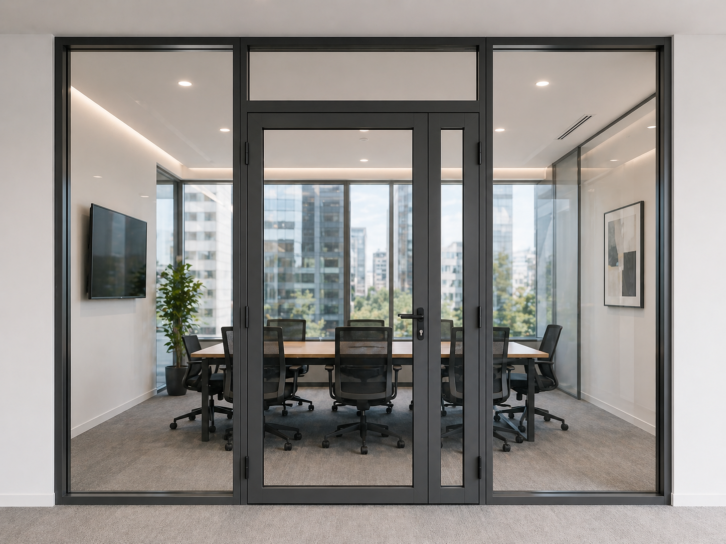 Aluminium partition doors for offices in Coimbatore — elegant aluminium-framed glass partitions for conference rooms and modern office interiors in Tamil Nadu